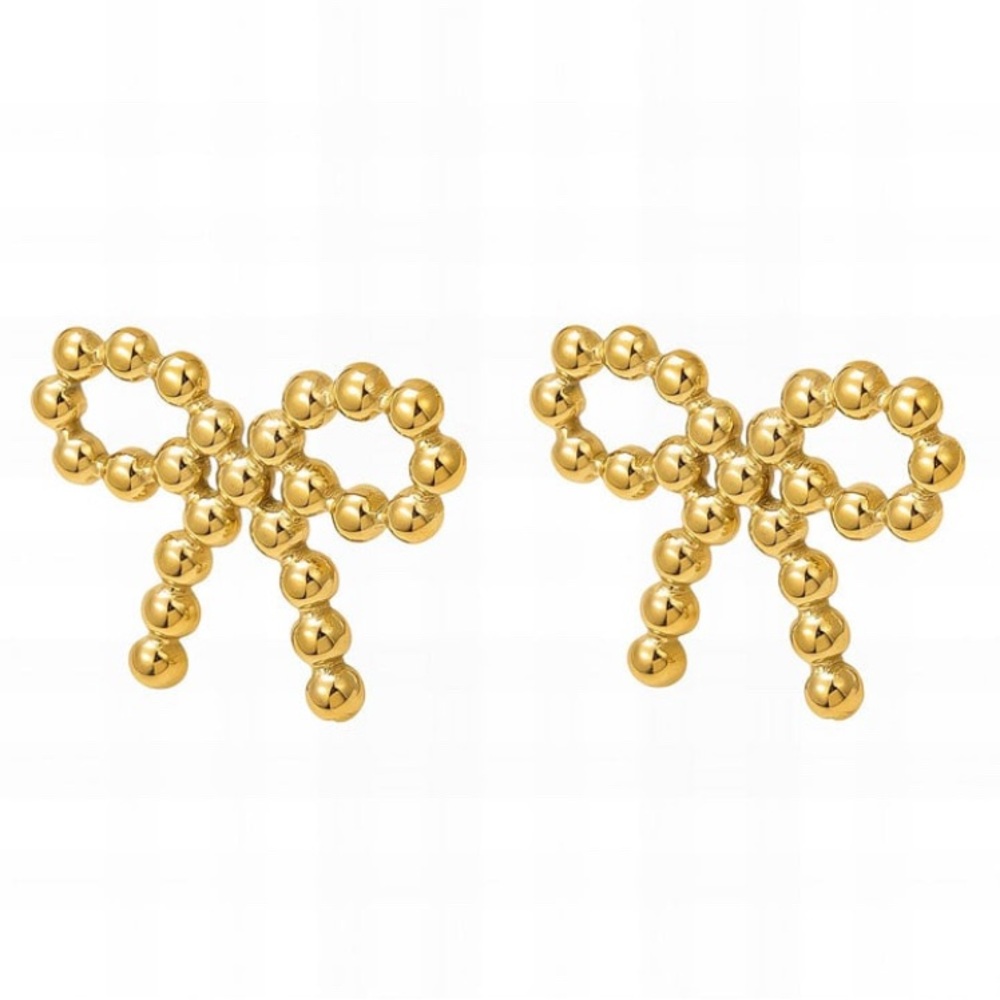 Gold Plated Bow Earrings – Dainty Beaded Stainless Steel Coquette Trendy Jewelry
